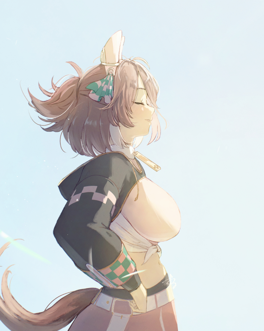 1girl, animal_ears, black_leggings, black_shrug, blush, bow, breasts, brown_hair