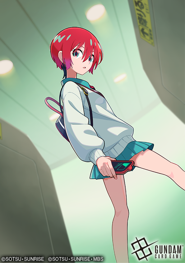 1girl, amate_yuzuriha, backpack, bag, blue_eyes, cellphone, cowboy_shot, feet_out_of_frame, green_shirt, green_skirt, gundam, gundam_card_game, gundam_gquuuuuux, hair_between_eyes, holding, holding_phone, indoors, long_sleeves, looking_at_viewer, miniskirt, official_art, omotyazukiyasan, parted_lips, phone, pleated_skirt, puffy_long_sleeves, puffy_sleeves, red_eyes, red_hair, school_uniform, shirt, short_hair, skirt, smartphone, solo, standing, sweater, walking, white_sweater