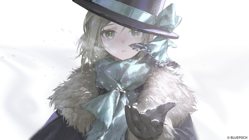 1girl, black_coat, black_gloves, black_hat, blue_scarf, boater_hat, coat, fur-trimmed_coat, fur_trim, gloves, grey_eyes, grey_hair, hair_bun, hat, highres, reoen, reverse:1999, scarf, short_hair, single_side_bun, solo, vertin_(reverse:1999), vertin_(winter)_(reverse:1999)