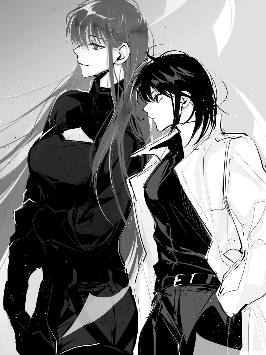 2girls, above-cleavage_cutout, absurdres, belt, black_eyes, black_shirt, blunt_bangs, bob_cut