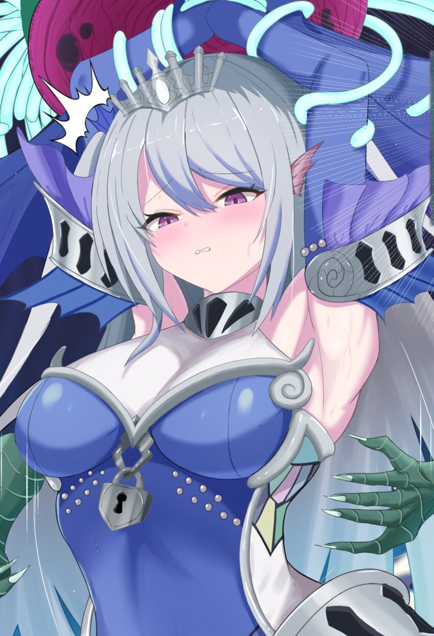 1girl, 1other, armpits, arms_up, blue_dress, blue_hair, blush, breasts