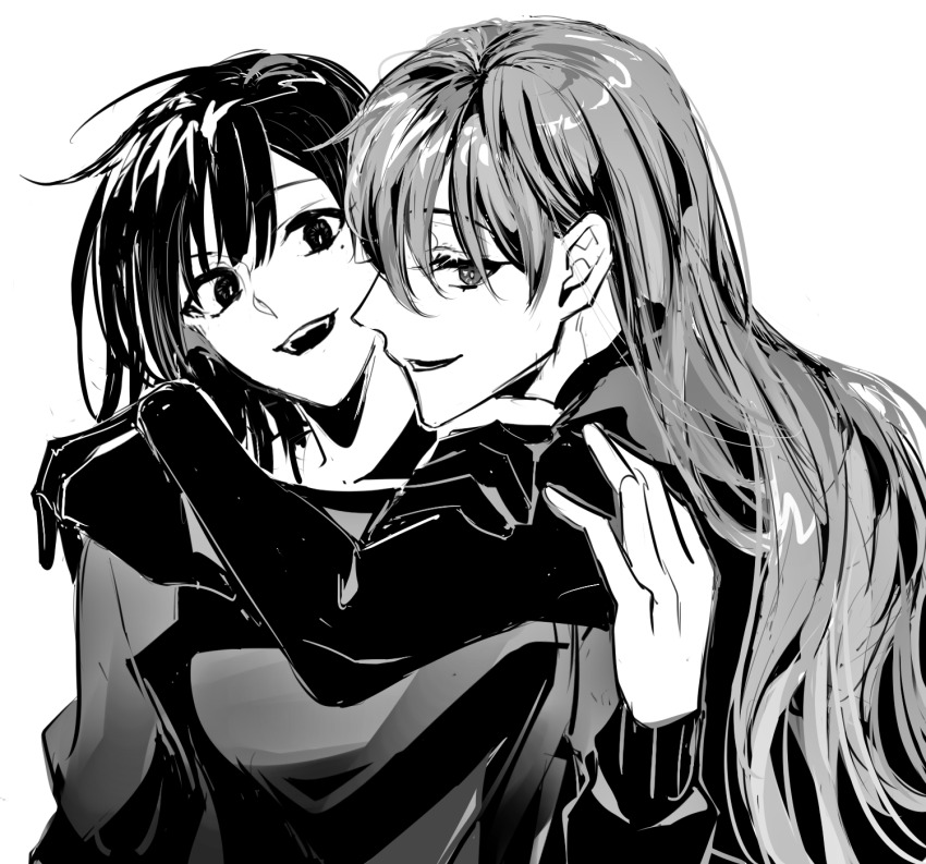 2girls, :d, arm_around_neck, bob_cut, bodysuit, han_sooyoung, hand_on_another's_shoulder, head_tilt