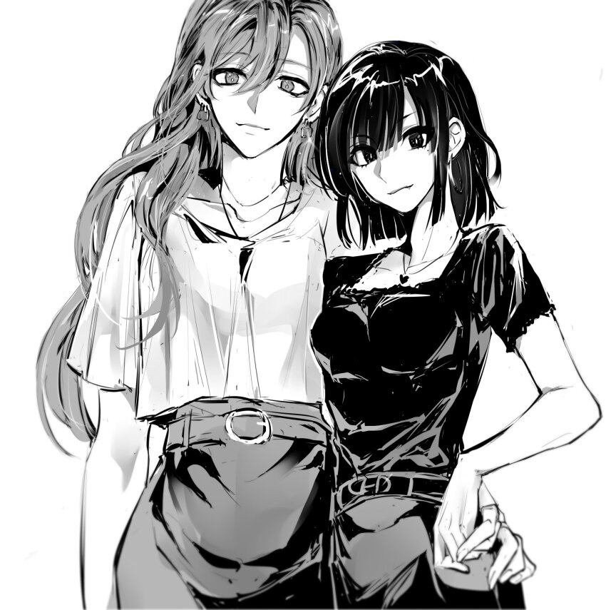 2girls, arm_around_shoulder, belt, black_eyes, black_shirt, bob_cut, breasts, contrapposto, cowboy_shot, greyscale, han_sooyoung, hand_on_another's_waist, head_tilt, heart_pendant, highres, holding_hands, long_hair, looking_at_viewer, monochrome, multiple_girls, omniscient_reader's_viewpoint, rhyme1863, shirt, short_hair, short_sleeves, smile, yoo_sangah, yuri