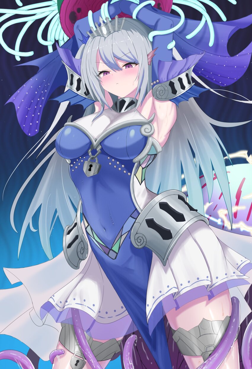 1girl, absurdres, armpits, arms_up, blue_dress, blue_hair, blush, breasts