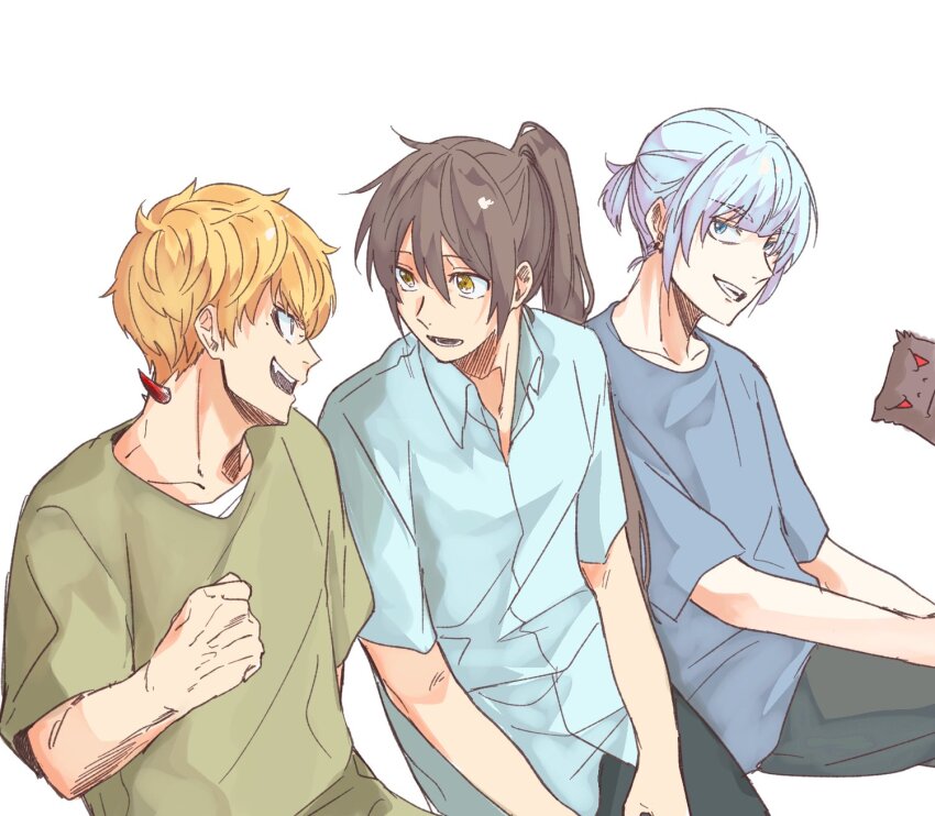 3boys, aqua_shirt, blonde_hair, blue_eyes, blue_hair, blue_shirt, brown_hair, collared_shirt