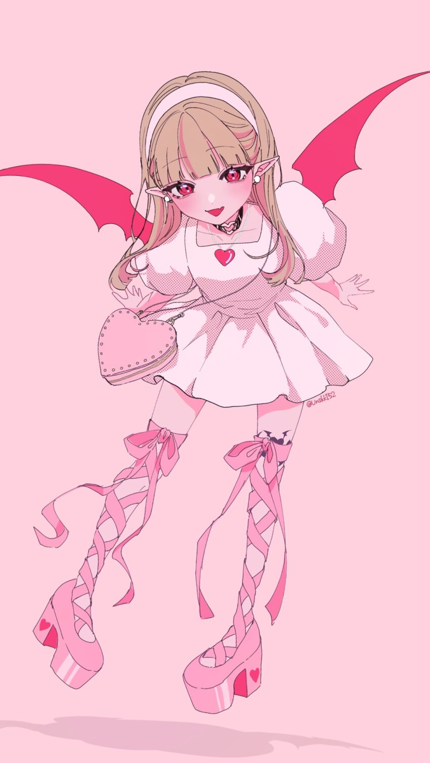 1girl, bag, ben-day_dots, black_choker, blunt_ends, blush, center-flap_bangs, choker