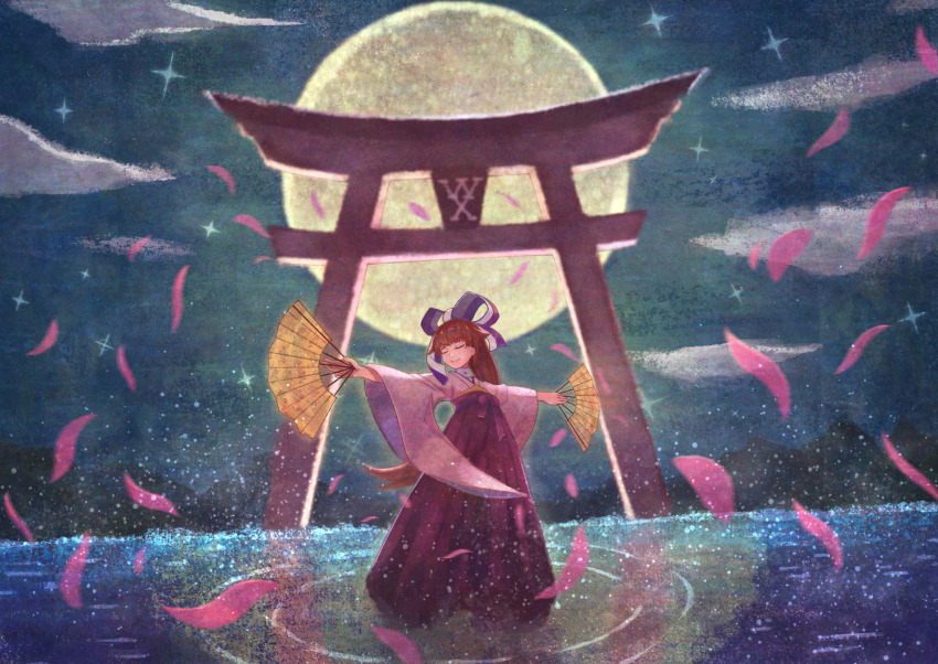 1girl, anne_(wixoss), brown_hair, cherry_blossoms, closed_eyes, closed_mouth, dual_wielding, fujino_123