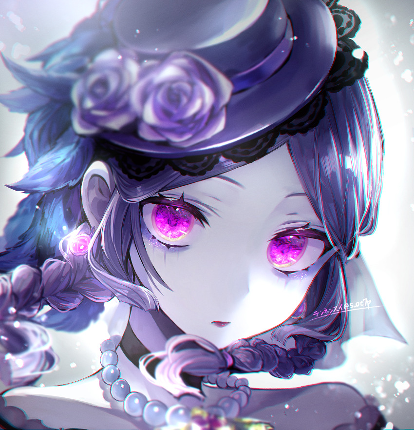 1girl, anne_lester, anne_lester_(hidden), black_choker, braid, choker, earrings, expressionless, floating_hair, flower, hat, hat_feather, hat_flower, highres, identity_v, jewelry, lace-trimmed_headwear, lace_trim, light_particles, looking_at_viewer, makeup, mini_hat, mini_top_hat, necklace, pearl_necklace, pink_eyes, portrait, purple_flower, purple_hair, purple_rose, red_lips, rose, runny_makeup, solo, tennensui_(midorinokaibutu4500), top_hat, twin_braids
