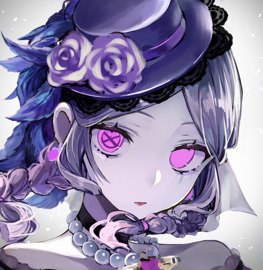 1girl, anne_lester, anne_lester_(hidden), black_choker, braid, choker, cross-shaped_pupils, earrings