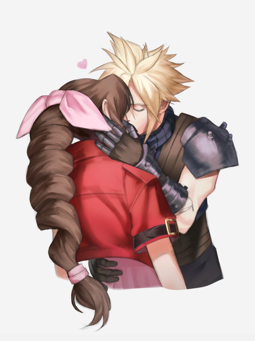 1boy, 1girl, absurdres, aerith_gainsborough, arm_around_another's_waist, armor, armored_gloves, bandaged_arm, bandages, belt, blonde_hair, braid, braided_ponytail, brown_belt, brown_hair, closed_eyes, cloud_strife, couple, cropped_jacket, cropped_torso, dress, final_fantasy, final_fantasy_vii, final_fantasy_vii_remake, grey_background, hair_between_eyes, hair_ribbon, hand_in_another's_hair, hetero, highres, jacket, kiss, liunennim, long_hair, parted_bangs, pauldrons, pink_dress, pink_ribbon, red_jacket, ribbon, sharp_teeth, short_hair, short_sleeves, shoulder_armor, single_braid, single_pauldron, sleeveless, sleeveless_turtleneck, suspenders, teeth, turtleneck, upper_body