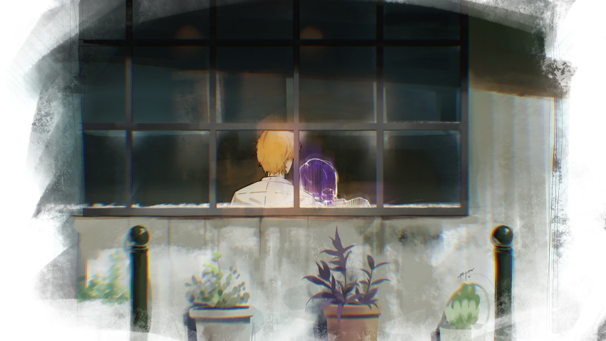 1boy, 1girl, absurdres, chainsaw_man, chancer_2t308, couple, denji_(chainsaw_man), from_outside, hair_bun, hetero, highres, plant, potted_plant, purple_hair, reze_(chainsaw_man), shirt, short_hair, white_shirt, window