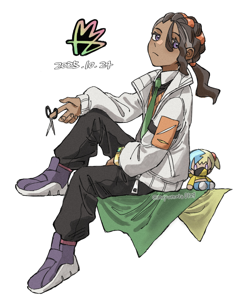 1boy, black_hair, black_pants, canari_(pokemon), canari_plush_(pokemon), character_doll, closed_mouth, collared_shirt