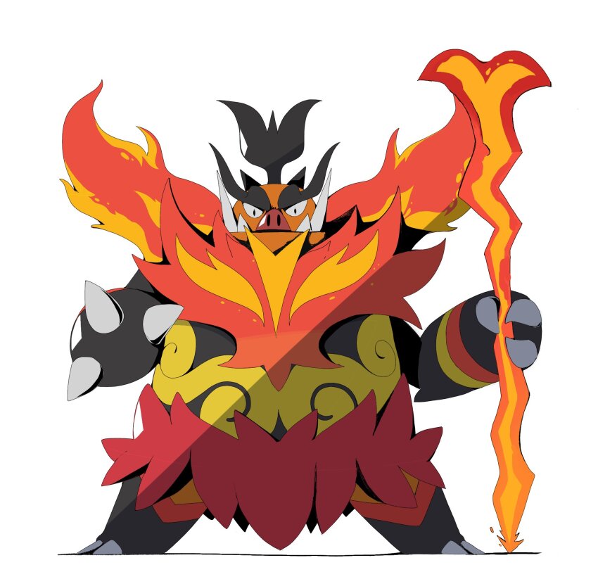 black_fur, boar, claws, closed_mouth, emboar, fangs, fire, flaming_weapon
