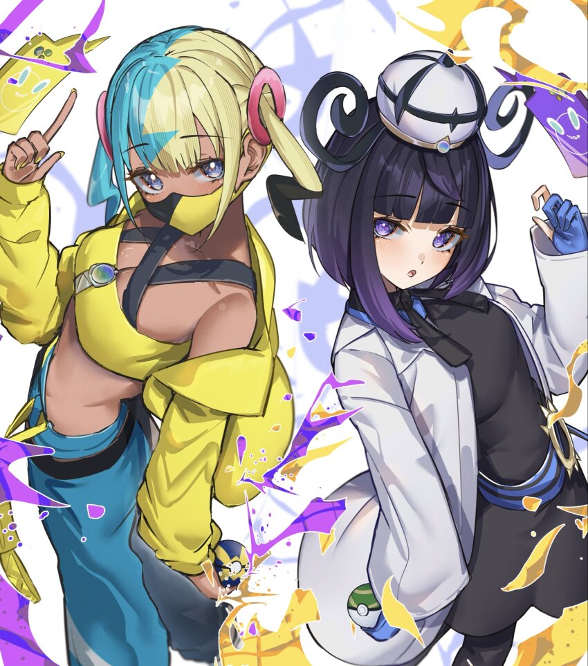 2girls, bare_shoulders, black_dress, black_hair, black_mask, black_pantyhose, blonde_hair, blue_eyes, blue_gloves, blue_hair, blunt_bangs, blush, bob_cut, breasts, canari_(pokemon), cleavage, coat, criss-cross_straps, crop_top, dark-skinned_female, dark_skin, dress, gen_4_pokemon, gloves, gradient_hair, gwynn_(pokemon), hat, highres, holding, holding_poke_ball, jacket, long_sleeves, looking_at_viewer, mask, medium_breasts, midriff, mouth_mask, multicolored_hair, multiple_girls, nail_polish, nest_ball, nintendo, off_shoulder, open_clothes, open_coat, open_jacket, open_mouth, pants, pantyhose, partially_fingerless_gloves, poke_ball, pokemon, pokemon_(creature), pokemon_legends:_z-a, purple_eyes, purple_hair, quick_ball, ringozeri, rotom, rotom_phone, short_hair, split-color_hair, twintails, two-tone_mask, white_coat, yellow_jacket, yellow_mask