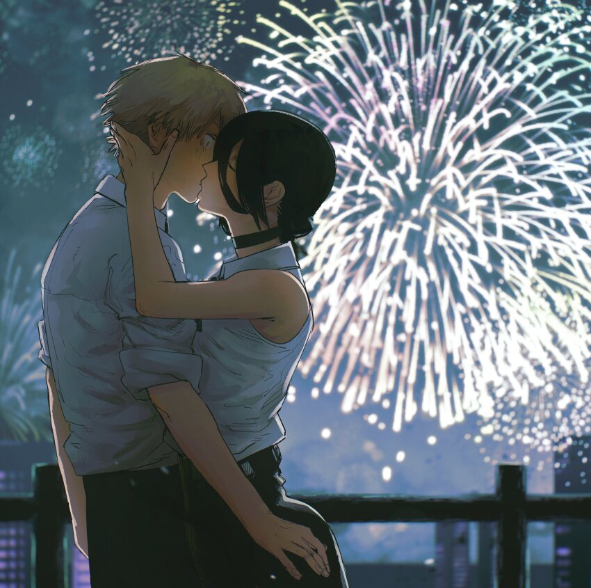 1boy, 1girl, black_choker, black_pants, black_shorts, blonde_hair, chainsaw_man, choker