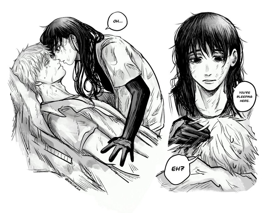 1boy, 1girl, chainsaw_man, denji_(chainsaw_man), elbow_gloves, english_text, eye_contact, gloves