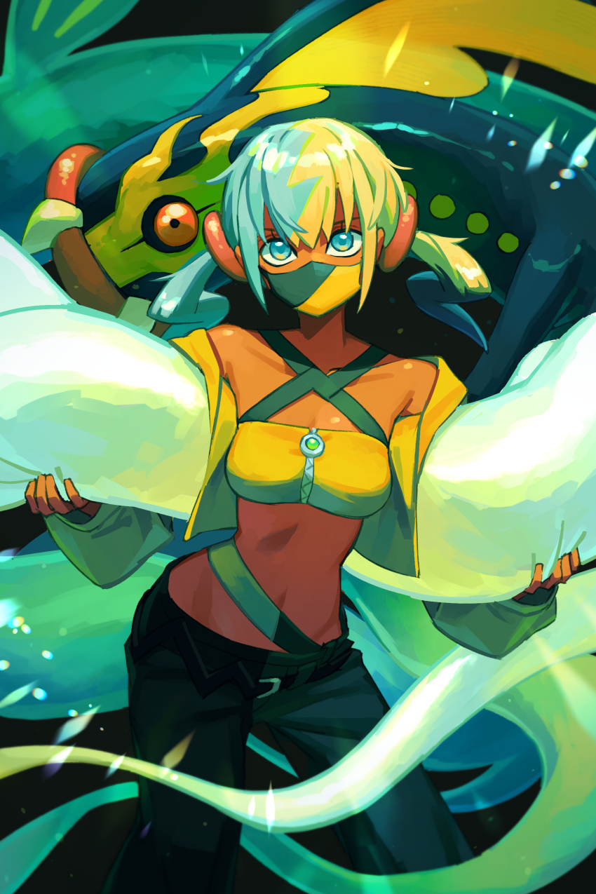 1girl, absurdres, aqua_eyes, aqua_hair, bandeau, blonde_hair, canari_(pokemon), crop_top