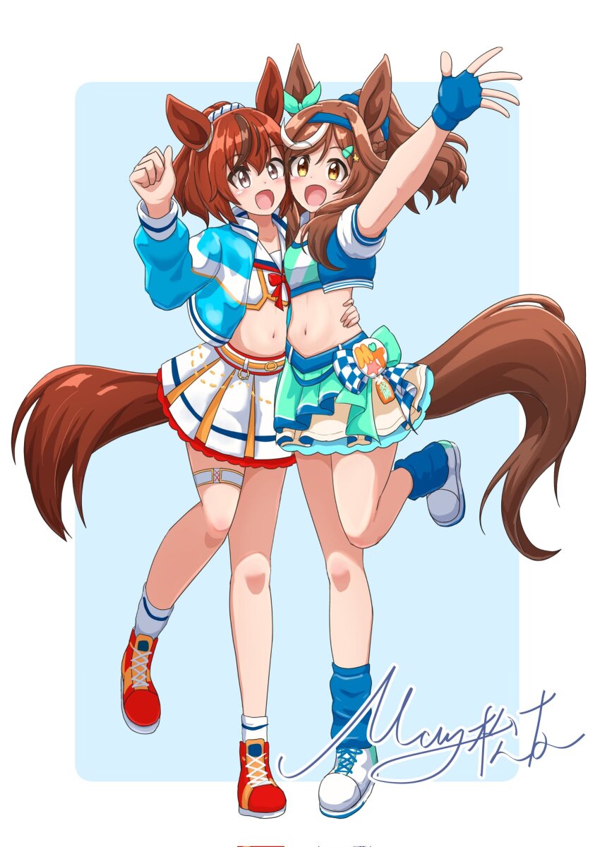 2girls, animal_ears, belt, blue_bow, blue_gloves, blue_hairband, blue_jacket, blue_skirt