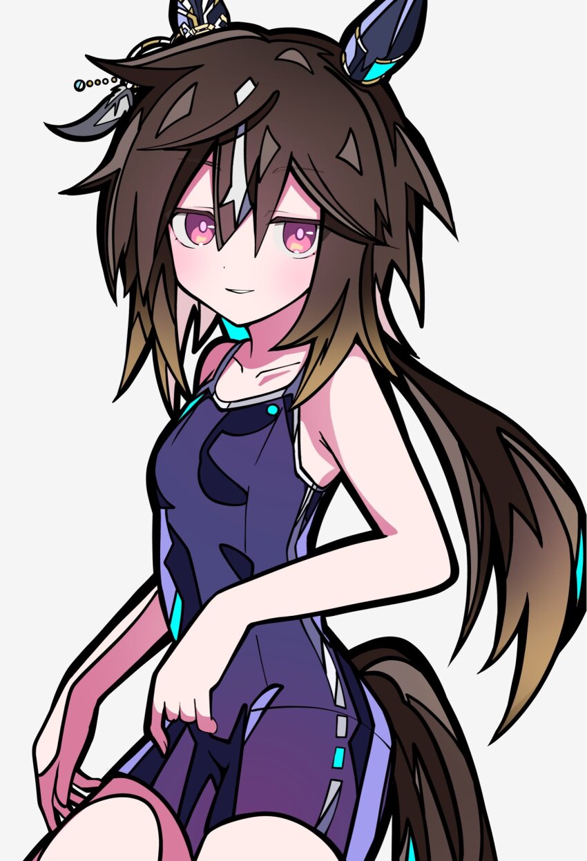 1girl, animal_ears, bare_shoulders, blue_one-piece_swimsuit, blush, breasts, brown_hair, closed_mouth