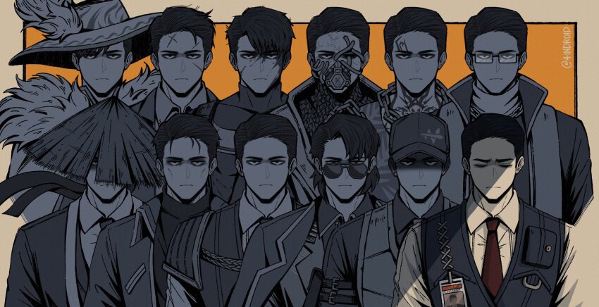 4indroid, 6+boys, baseball_cap, blade_lineage_(identity)_(project_moon), border, brown_border, cinq_association_west_uniform, commentary, conical_hat, dead_rabbits_(identity)_(project_moon), dieci_association_south_uniform, glasses, hat, highres, limbus_company, liu_association_south_uniform, looking_at_viewer, male_focus, mask, meursault_(project_moon), middle_(identity)_(project_moon), multiple_boys, multiple_persona, n_corp._fanatic_(identity)_(project_moon), necktie, orange_background, project_moon, r_corp._(identity)_(project_moon), rosespanner_workshop_(identity)_(project_moon), scar, scar_on_face, shirt, simple_background, stole, straight-on, sunglasses, sunken_cheeks, tattoo, thumb_(identity)_(project_moon), tube, vest, w_corp._(identity)_(project_moon)
