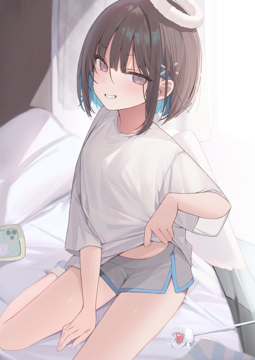1girl, absurdres, backlighting, bare_legs, between_legs, blue_hair, blush, bob_cut, breasts, brown_eyes, brown_hair, cellphone, clothes_lift, colored_inner_hair, commentary_request, curtains, dolphin_shorts, fake_halo, foot_out_of_frame, fur_halo, grey_shorts, hair_between_eyes, hair_ornament, hairclip, halo, hand_between_legs, highres, indoors, lifting_own_clothes, looking_at_viewer, midriff_peek, multicolored_hair, okishiro_momoka_(shin_no_tenpii), on_bed, original, phone, pillow, shin_no_tenpii, shirt, shirt_lift, short_hair, short_shorts, short_sleeves, shorts, sidelocks, sitting, small_breasts, smartphone, smile, solo, t-shirt, teeth, two-tone_hair, white_shirt, x_hair_ornament