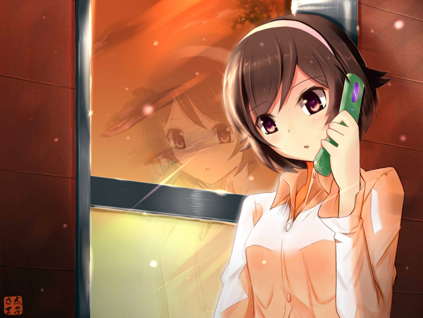 1girl, beckitach, brown_eyes, brown_hair, cellphone, female_focus, hairband, kami_nomi_zo_shiru_sekai