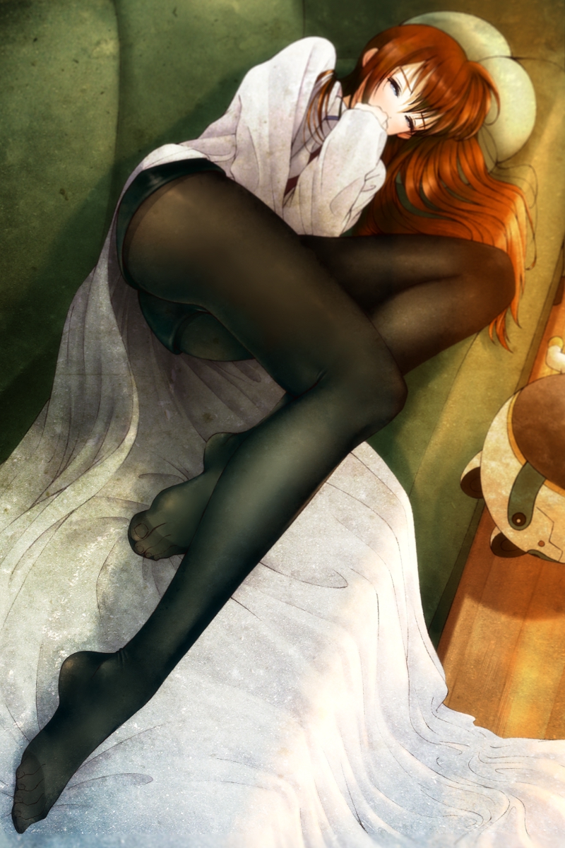 1girl, 5pb., ass, between_thighs, black_pantyhose, blue_eyes, brown_hair, couch, covering_face, covering_own_mouth, covering_privates, feet, female_focus, foreshortening, highres, hohoemidebu, lab_coat, legs, long_hair, lying, makise_kurisu, necktie, nitroplus, no_shoes, on_side, pantyhose, pantyhose_under_shorts, science_adventure, shorts, solo, steins;gate, thighs, upa_(steins;gate)