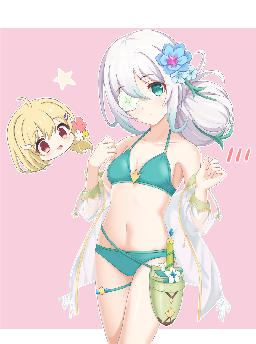 2girls, absurdres, anemone_(princess_connect!), anemone_(summer)_(princess_connect!), bikini, blue_flower, breasts, clear_(princess_connect!)