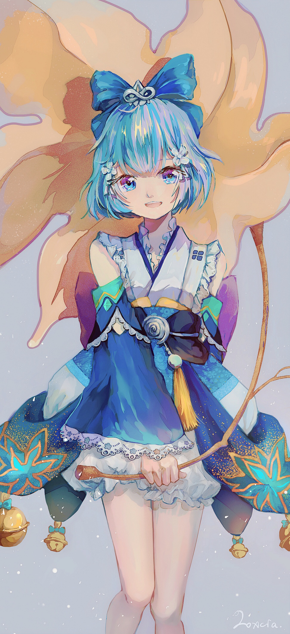 1girl, arm_behind_back, artist_name, bare_shoulders, bell, bloomers, blue_bow, blue_eyes