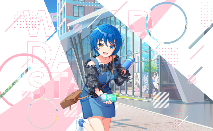 1girl, :d, bag, blue_eyes, blue_hair, blue_skirt, blush, dress
