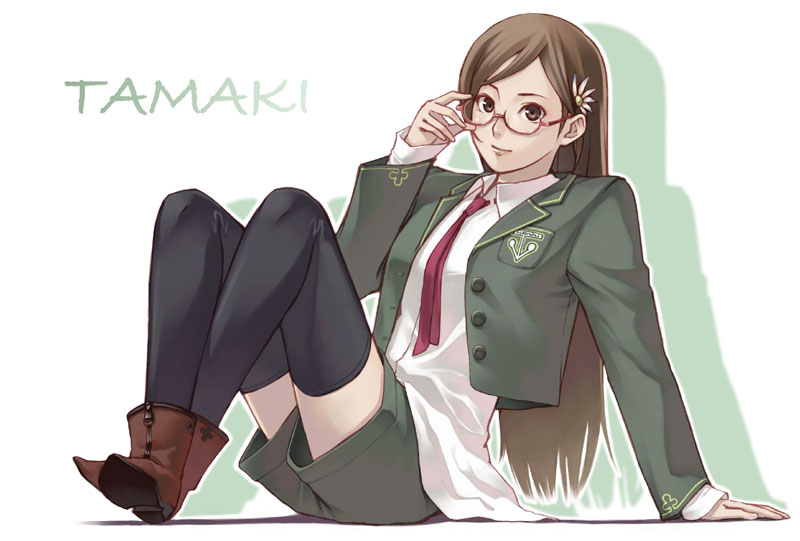 1girl, adjusting_eyewear, ankle_boots, arm_support, blazer, boots, female_focus, glasses