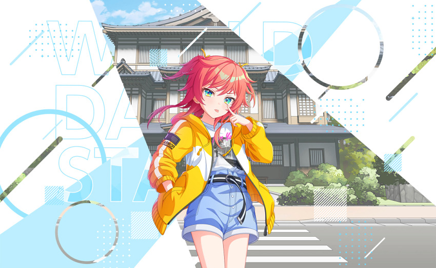 1girl, belt, blue_eyes, blue_sky, building, day, denim, game_cg