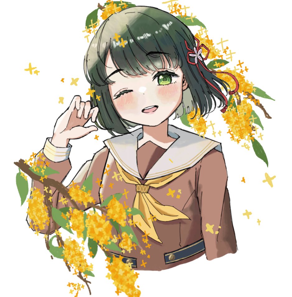 1girl, ;d, blunt_bangs, blush, bob_cut, brown_dress, commentary_request, dress