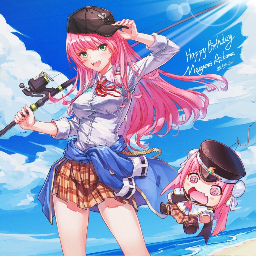 1girl, :d, @_@, aikawa_megumi, baseball_cap, beach, blouse, blue_jacket