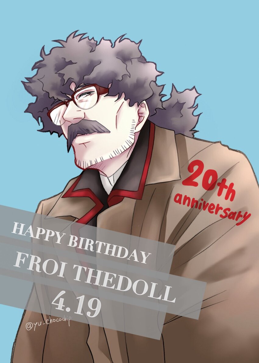 1boy, anniversary, beard, beard_stubble, birthday, black_coat, black_order_uniform, blue_background