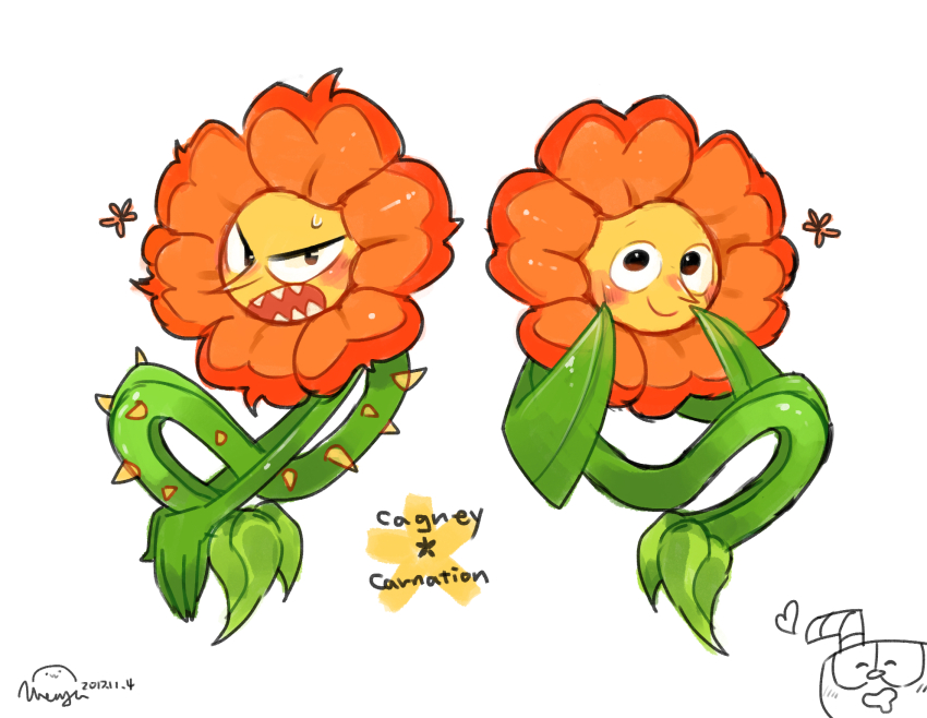 2boys, :d, ^_^, amy7996659, artist_name, back-to-back, bendy_straw, black_eyes, blush, cagney_carnation, character_name, chinese_commentary, closed_eyes, closed_mouth, commentary_request, cuphead, cuphead_(game), drinking_straw, fewer_digits, flower, flower_boy, hands_on_own_cheeks, hands_on_own_face, heart, highres, leaf, looking_at_viewer, male_focus, multiple_boys, multiple_views, open_mouth, orange_flower, pointy_nose, sharp_teeth, simple_background, smile, star_(symbol), sweatdrop, teeth, thorns, white_background