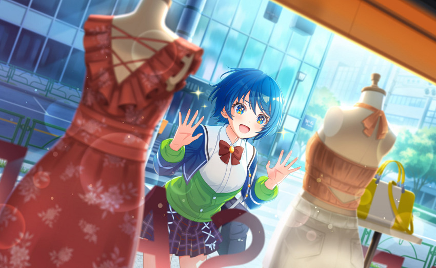 1girl, :d, blue_eyes, blue_hair, blurry, blurry_background, blurry_foreground, bow