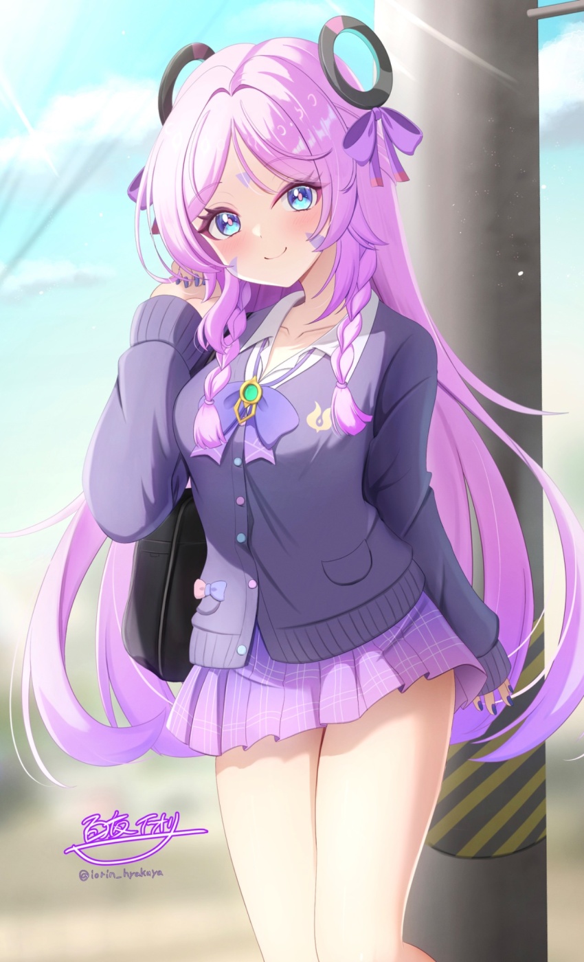 1girl, alternate_costume, blue_eyes, blush, braid, cardigan, citlali_(genshin_impact), citlali_(parallels_meet_school)_(genshin_impact)