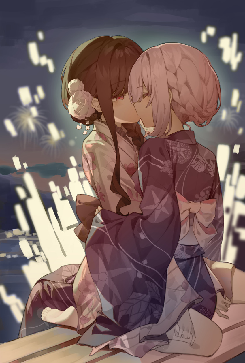 2girls, aerial_fireworks, asaka_kaori, barefoot, blue_kimono, bow, braid, brown_hair, closed_eyes, commentary_request, fireworks, floral_print, highres, hoshikawa_shizuku, japanese_clothes, kimi_to_tsuzuru_utakata, kimono, kiss, long_hair, maidcode1023, multiple_girls, red_eyes, short_hair, sidelocks, sitting, sitting_on_lap, sitting_on_person, white_bow, white_hair, white_kimono, yuri