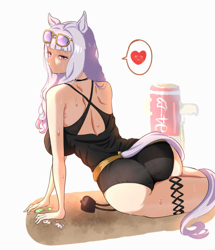1girl, animal_ears, ass, black_one-piece_swimsuit, casual_one-piece_swimsuit, eyewear_on_head, gold_ship_(run_revolt_launcher)_(umamusume), gold_ship_(umamusume), heart, highres, horse_ears, horse_girl, horse_tail, itsuyoitsuyo, long_hair, official_alternate_costume, one-piece_swimsuit, purple-tinted_eyewear, solo, spoken_heart, sunglasses, sweat, swimsuit, tail, tinted_eyewear, umamusume, white_hair