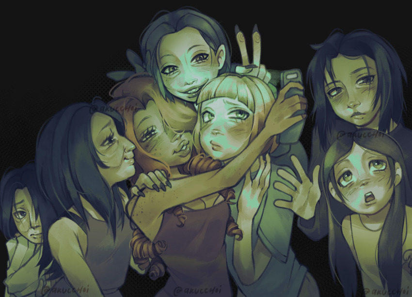 6+girls, akuchoi, alkonost_(no_i'm_not_a_human), aquiline_nose, bags_under_eyes, black_background, black_hair, black_nails