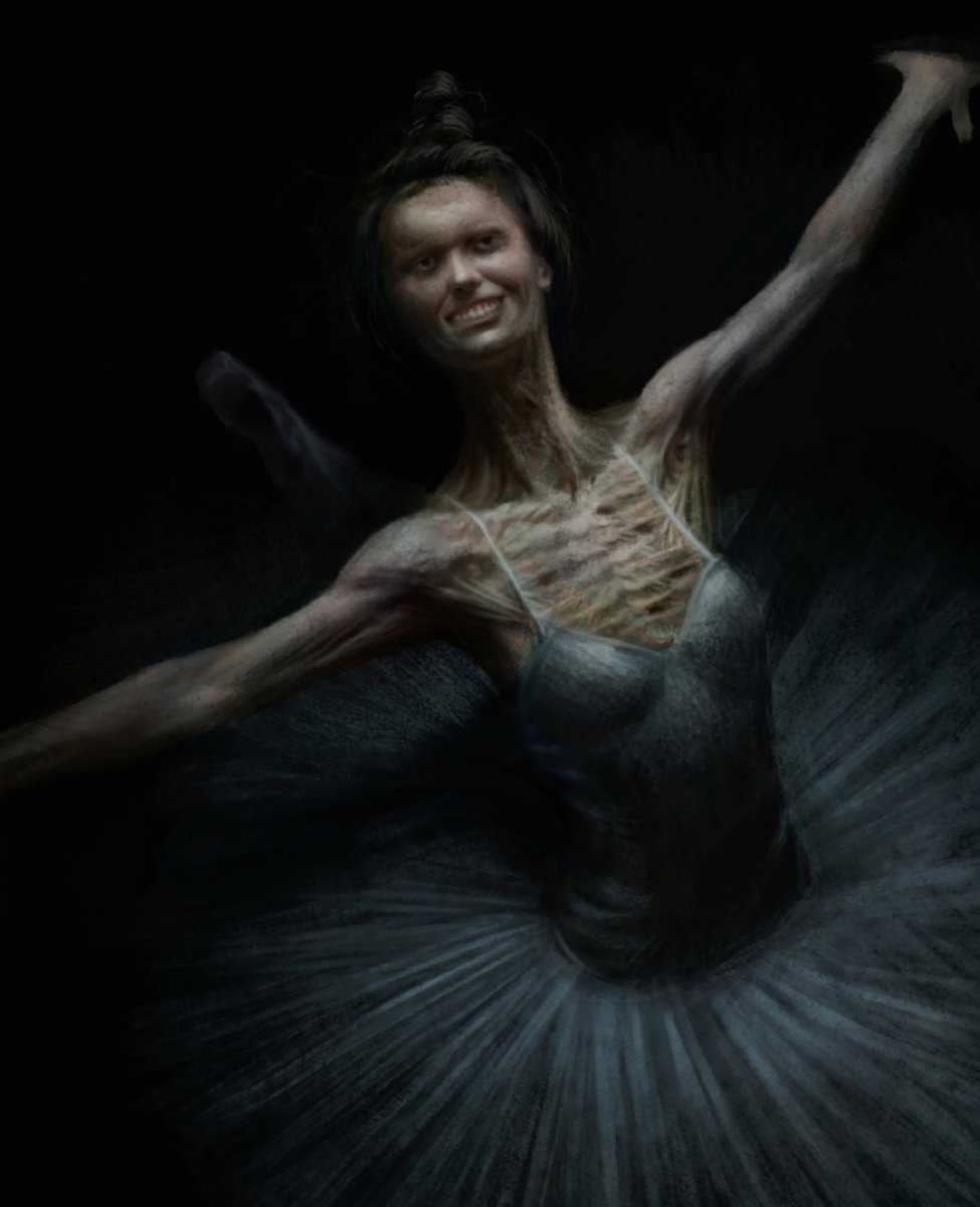 1girl, ballerina, ballet, black_background, cat_lady_(no_i'm_not_a_human), dancing, emaciated, grin