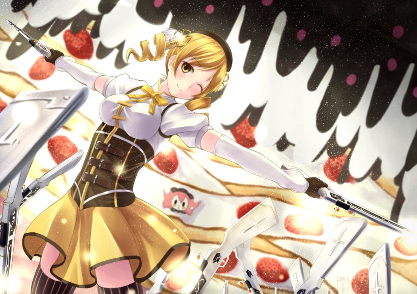 10s, 1girl, bad_id, bad_pixiv_id, beret, blonde_hair, cake, charlotte_(madoka_magica)