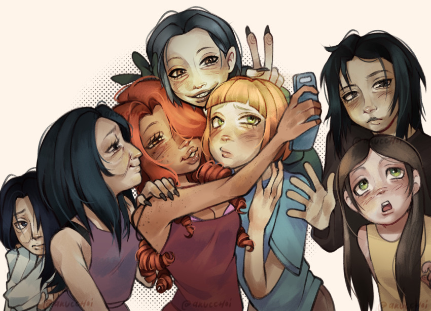 6+girls, akuchoi, alkonost_(no_i'm_not_a_human), aquiline_nose, bags_under_eyes, black_hair, black_nails, blunt_bangs