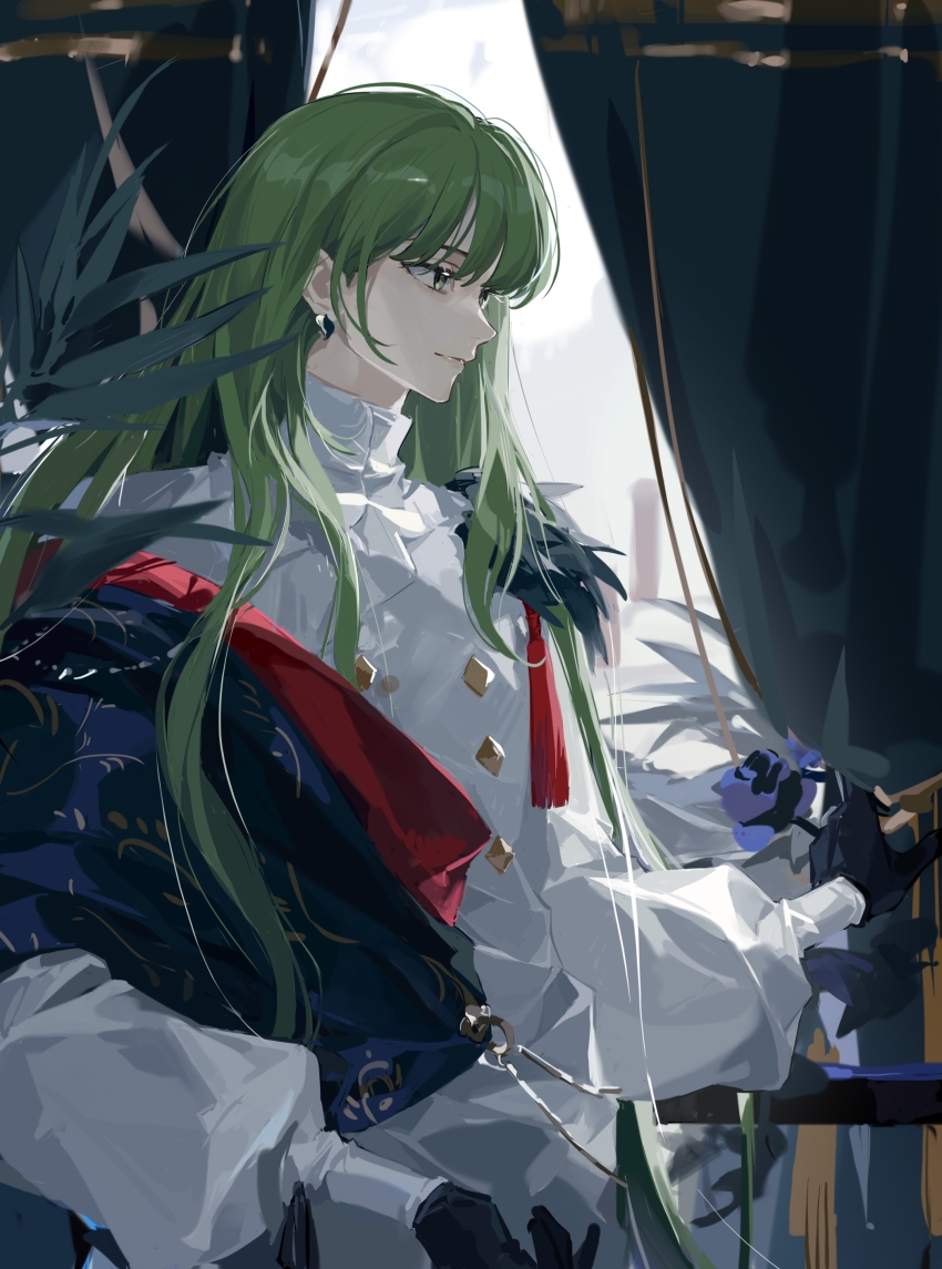 1other, absurdres, aldaduzuoaoda, androgynous, curtains, earrings, enkidu_(celebratory_attire)_(fate), enkidu_(fate)