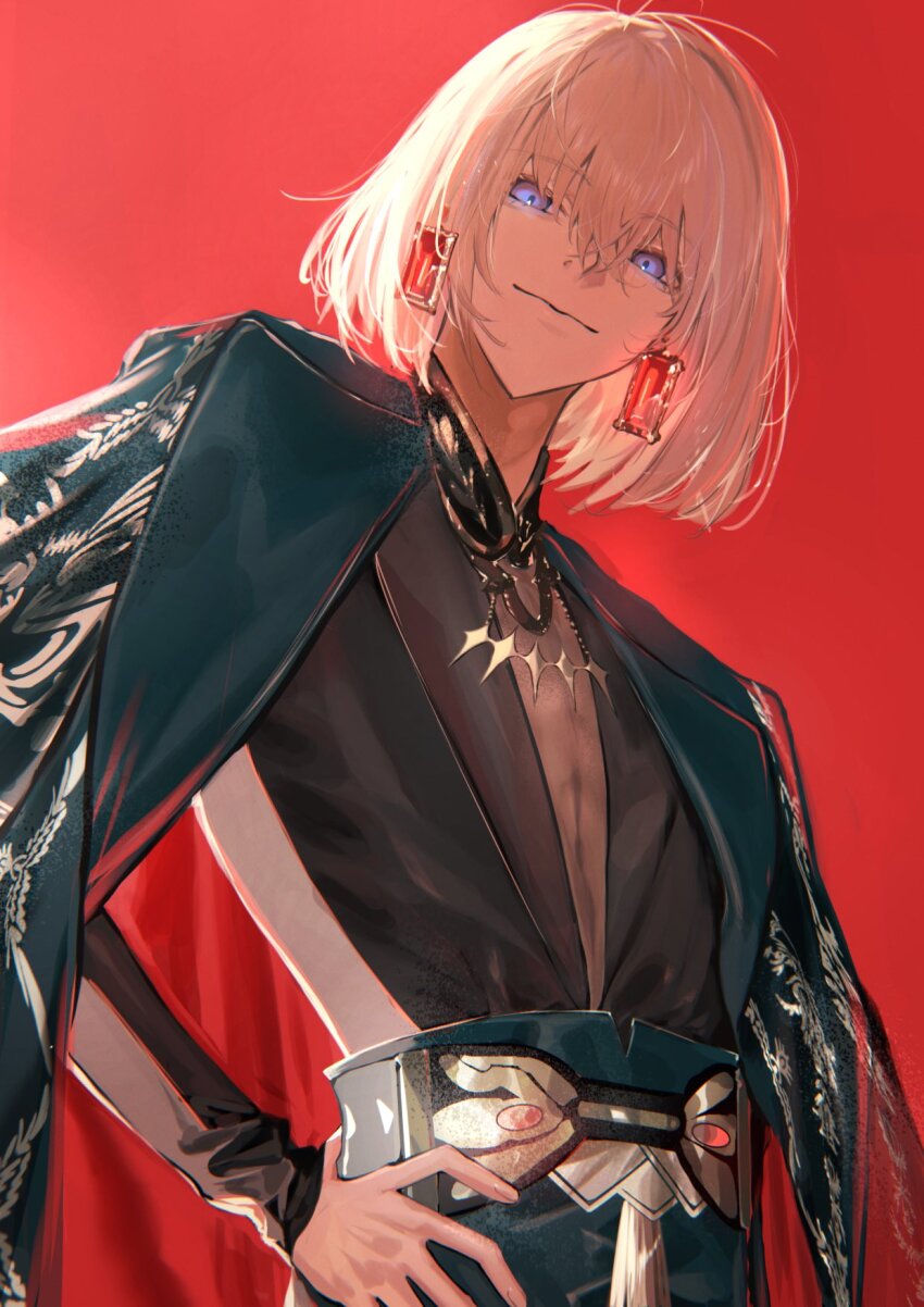 1boy, blonde_hair, blue_eyes, earrings, fate/grand_order, fate_(series), hair_between_eyes, hand_on_own_hip