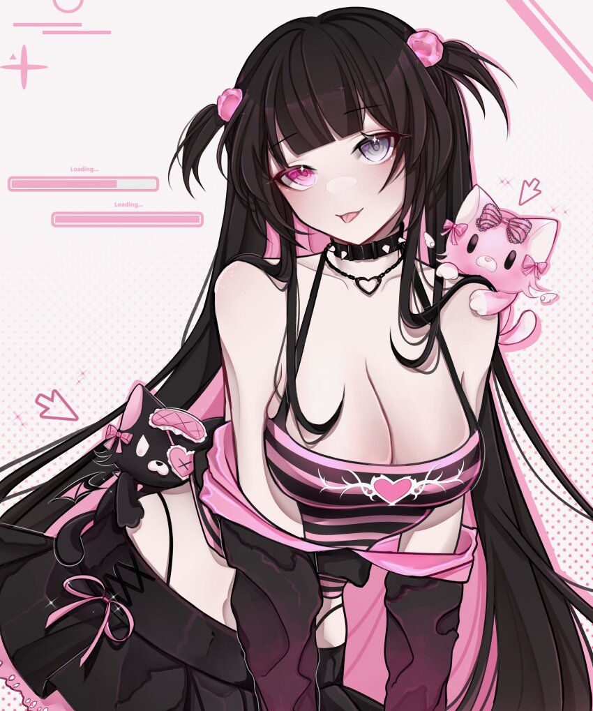1girl, absurdres, akuradere, bare_shoulders, black_choker, black_hair, black_skirt, blunt_bangs