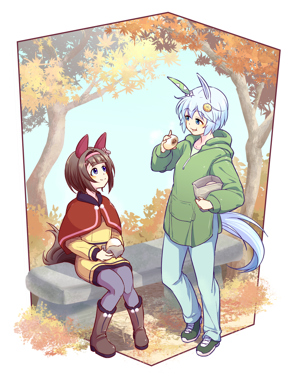 2girls, animal_ears, autumn_leaves, bench, blue_eyes, blue_pants, blue_pantyhose, blue_sky