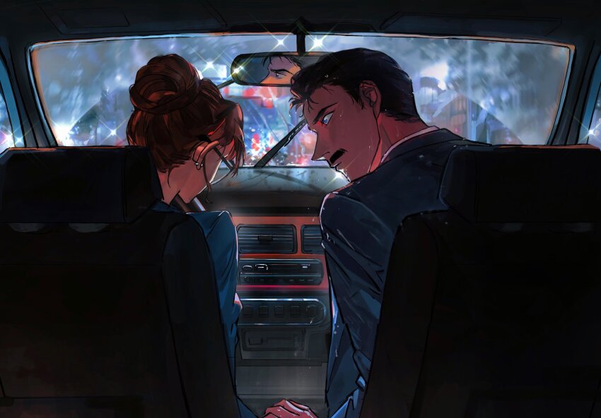 1boy, 1girl, black_hair, brown_hair, car_interior, commentary, couple, earrings