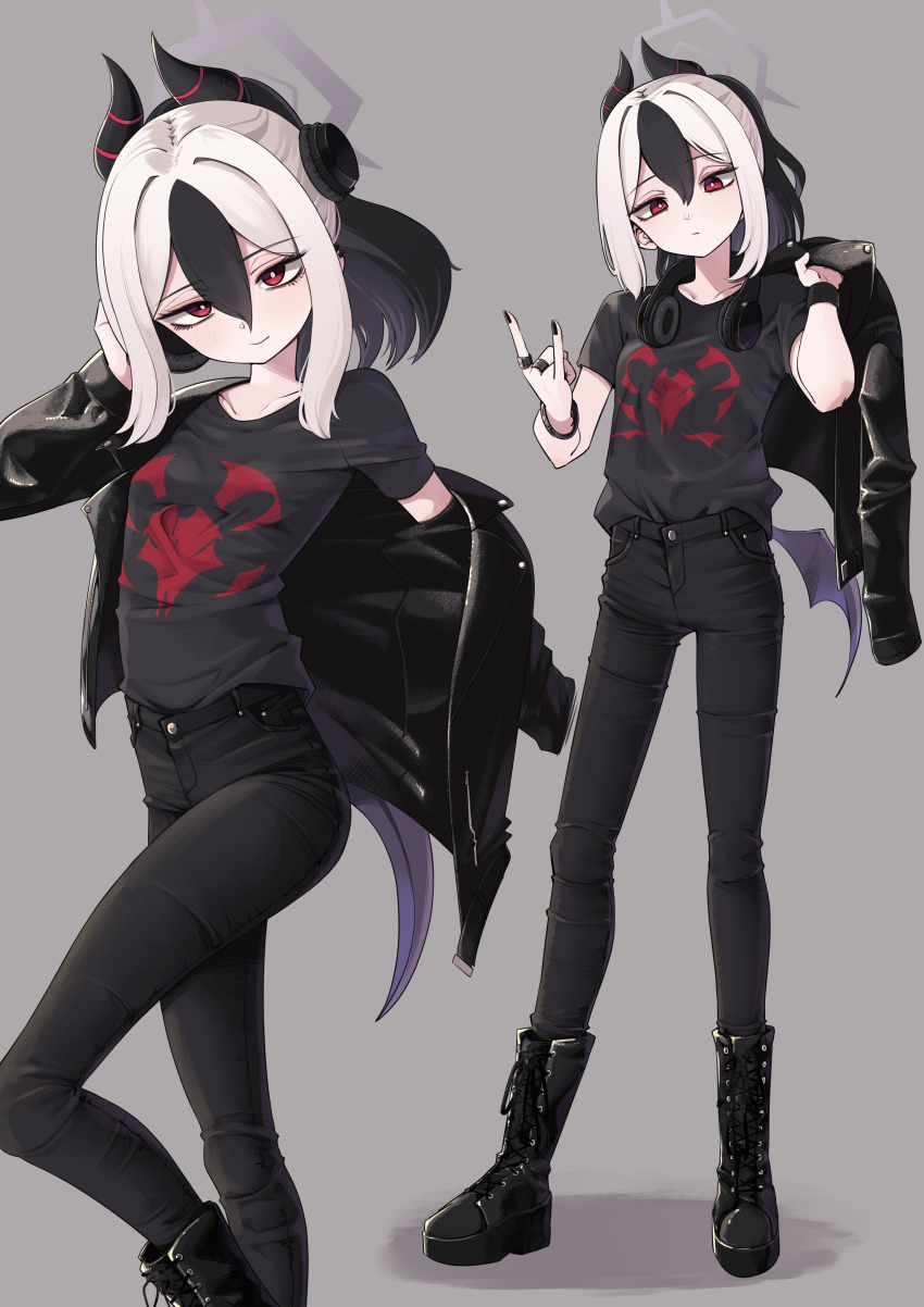 1girl, \n/, absurdres, alternate_costume, black_boots, black_hair, black_horns, black_pants